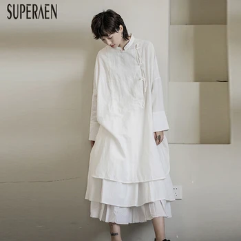 

SuperAe New 2019 Autumn Chinese Style Women Dress Solid Color Fashion Ladies Dress Casual Linen Long Sleeve Women Clothing