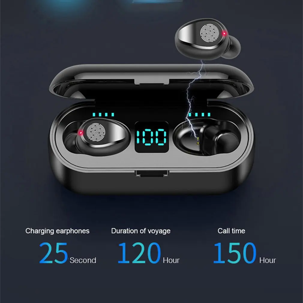 ##BUY F9 Wireless Headphones 5.0 Dual in ear with Digital Display Charging Compartment Call Music Headset Hifi Sound