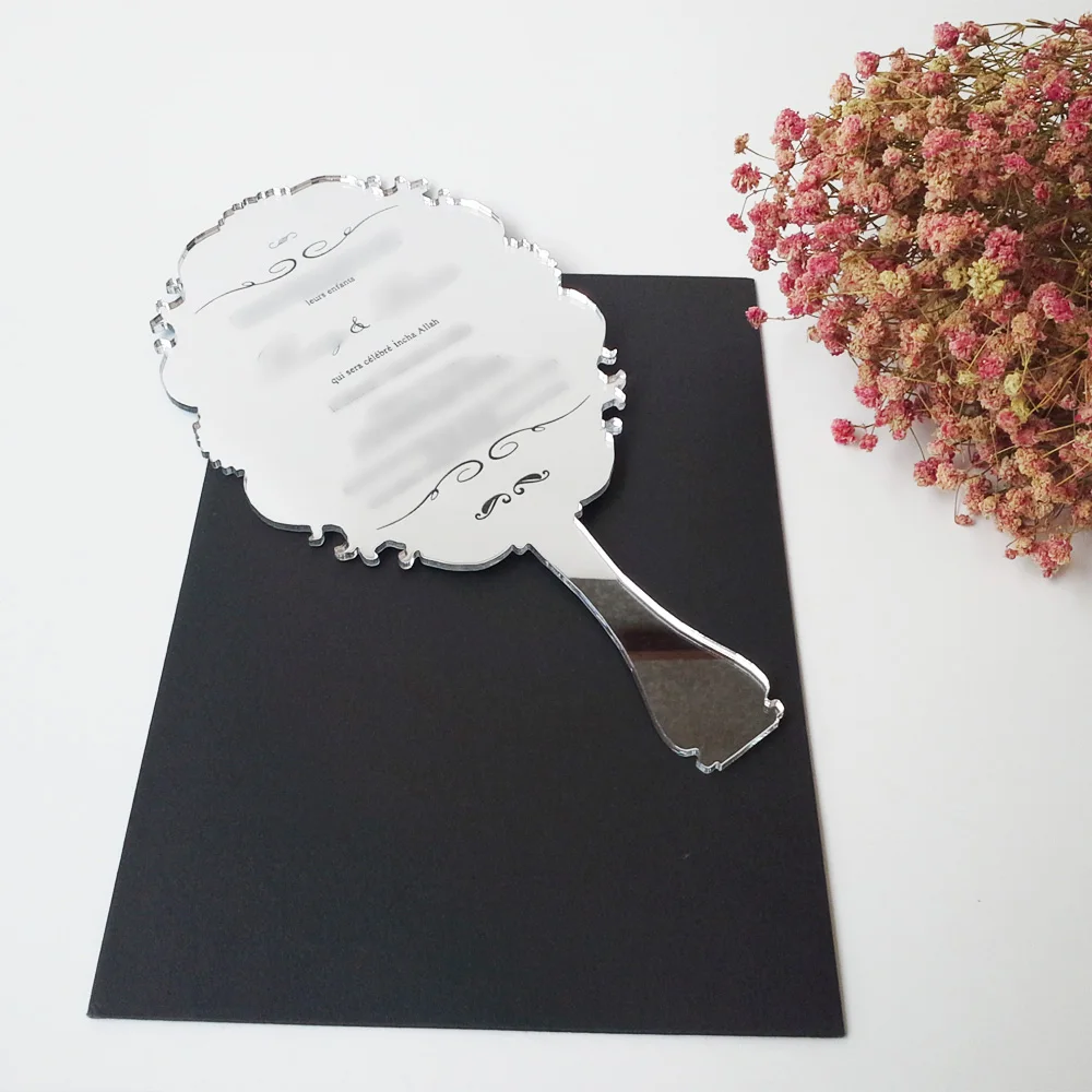

100pcs per lot Handheld Mirror Shaped 123x238mm Laser Engraved Letters Silver Mirror Acrylic Wedding Invitation Card