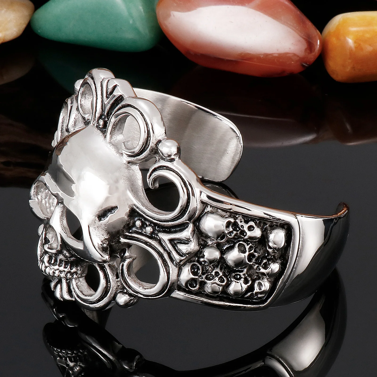 Punk Gothic Stainless Steel Huge Hyperbole Heavy Ghost Head Bangle Men Biker Rock Model Show Bracelets 6