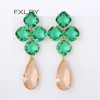 

FXLRY European and American exaggeration green and pink cz drop earrings for women Fashion Jewelry