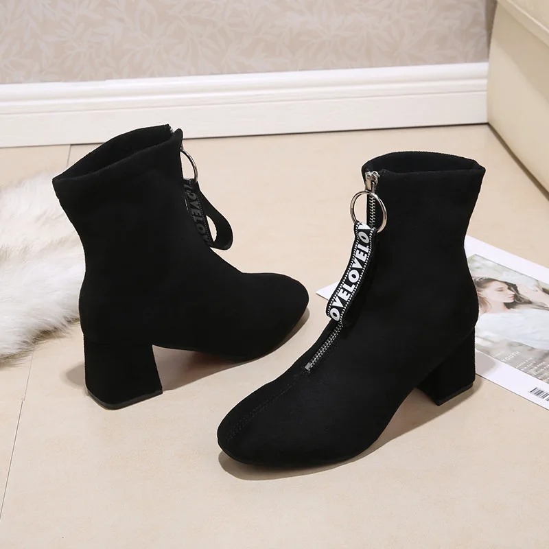 

Chunky-Heel Stretch Boots Women's Tube Short Boots 2019 Autumn And Winter New Style Versatile Black WOMEN'S High Heels round-Toe