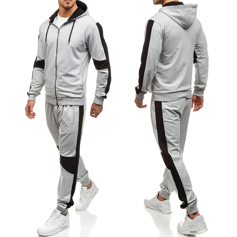 2021 New Men Sets Patchwork Zipper Sweatshirt + Sweatpants Hooded Sweatshirts Causal 2 Pieces Tracksuit Men Clothing Ropa Hombre