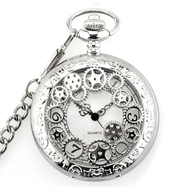 Gear Silver Ретро гладкие мужские черные карманные часы Серебряный полированный кварцевые карманные часы брелок кулон с цепочкой - Цвет: Gear Silver