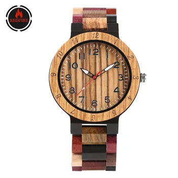 

REDFIRE Stylish Arabic Numerals Display Mixed Colored Full Wood Watch Men Quartz Timepiece Casual Mens Wooden Clock reloj 2020