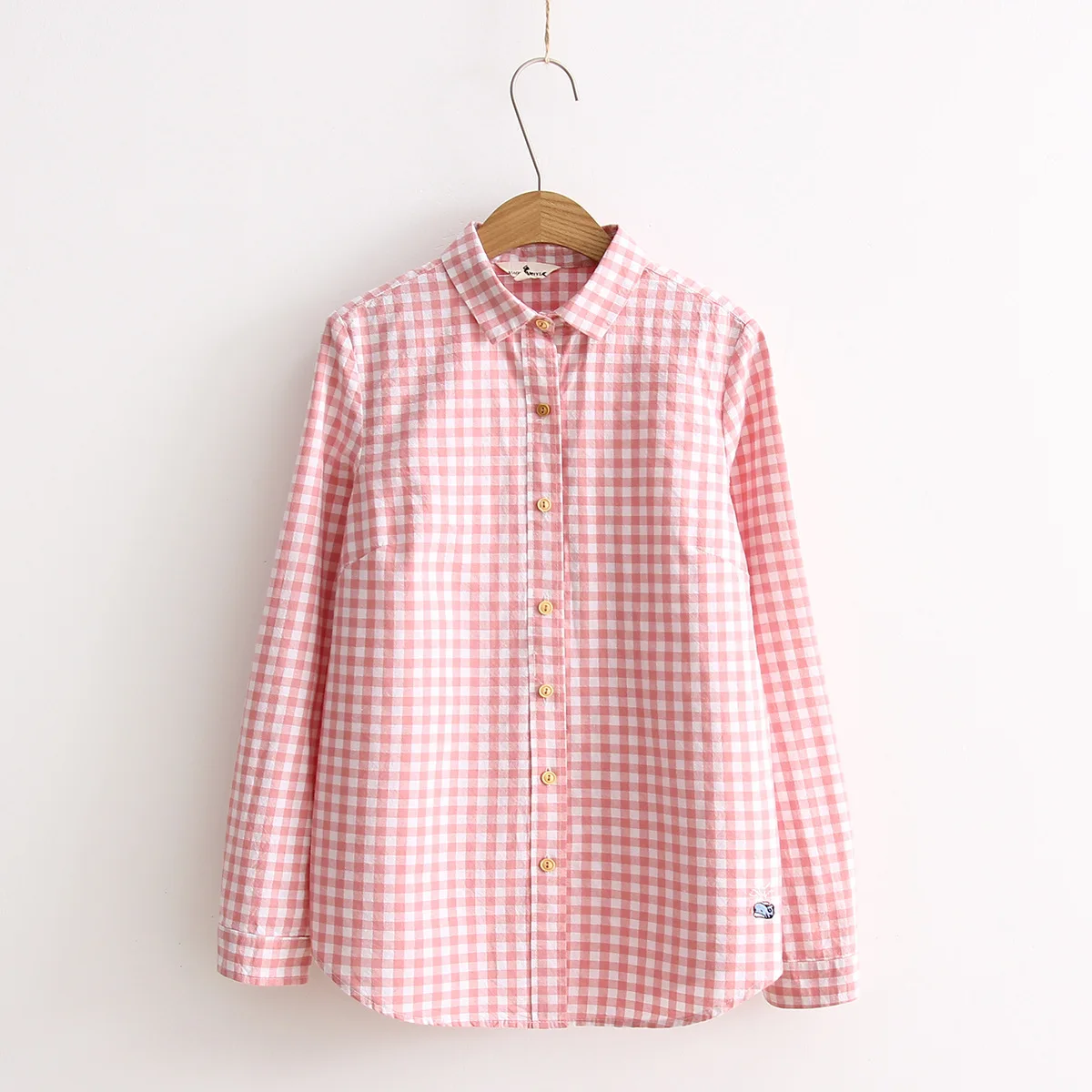 

Simple Plaid Women Shirts Spring and Autumn Long Sleeve Turn Down Collar Real Pictures Womens Tops and Blouses