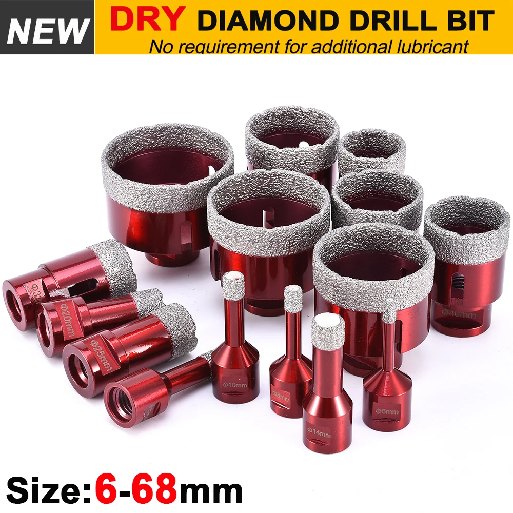 For Stone Porcelain Granite Tile Glass Ceramics Marble 6mm-68mm Hole Saw Vacuum Brazed Cut Dry Diamond Core Drill Bits 20 pcs diamond drill grinding bit set with 1 8 inch shank stone carving rotary tools for polishing tile ceramics marble granite