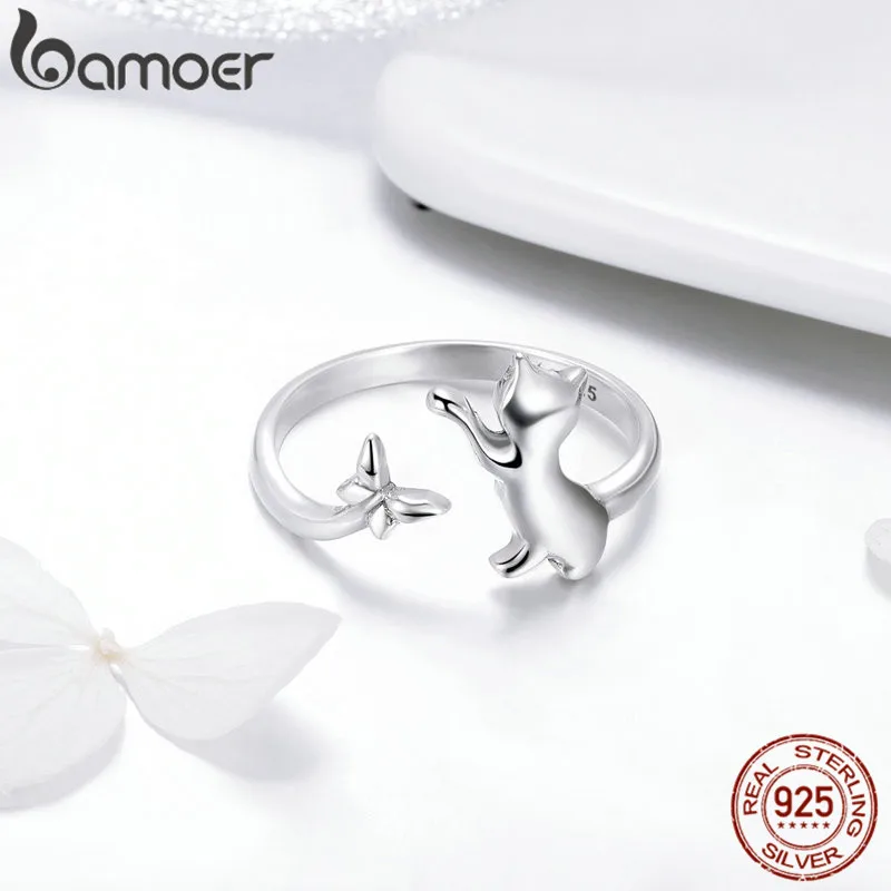 BAMOER, регулируемое кольцо на палец "Ленивый котенок", подлинный 925 пробы, Серебряный кошачий хвост, модное кольцо, хорошее ювелирное изделие GXR220