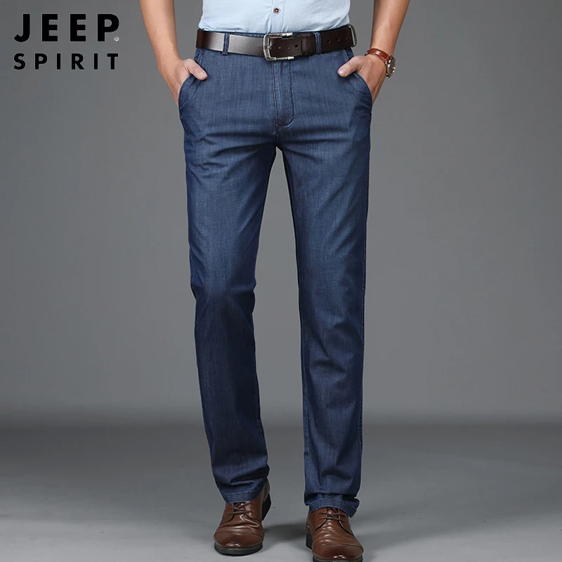 JEEP SPIRIT Брендовые мужские джинсы Лето Осень тонкая джинсовая ткань, Tencel Брюки мужские деловые повседневные Прямые джинсы со средней талией мужские
