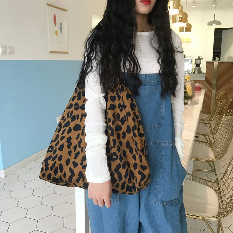 

2020 Winter New Style Retro Leopard Canvas Bag Corduroy Tote Shopping Bag Large-Capacity Reusable Foldable Eco Female Crossbody