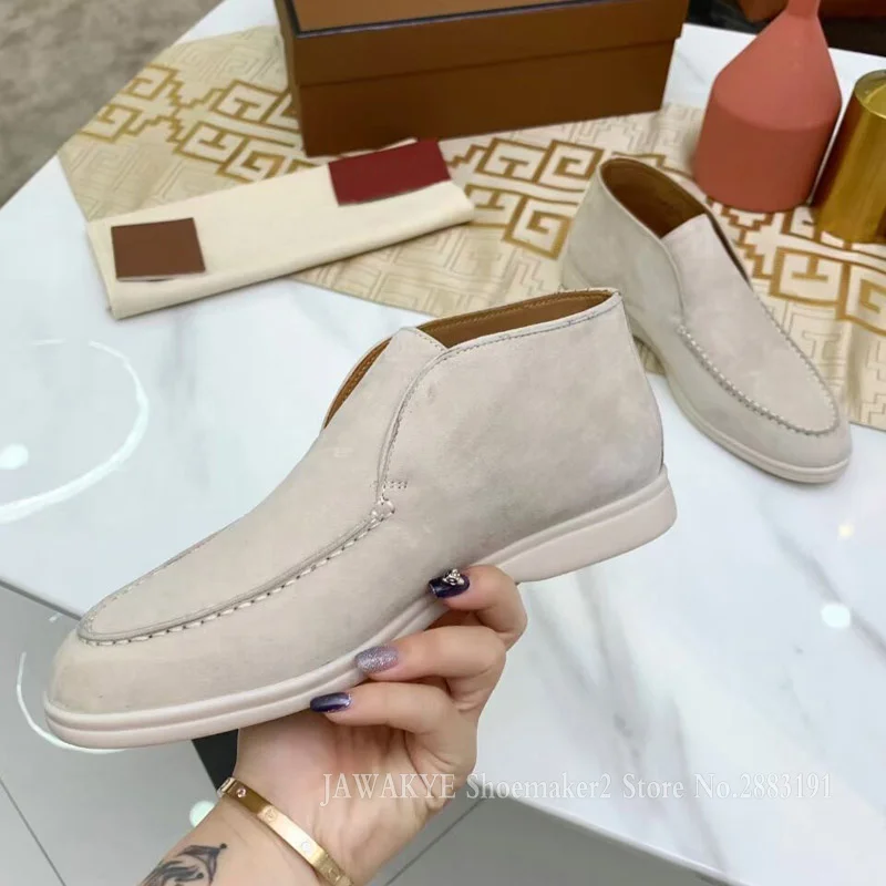 Comfort Suede Unisex High Top Loafers Round Toe White Rubber Sole Casual Flats Fashion One Pedal Couple Flat Mules Dress Shoes