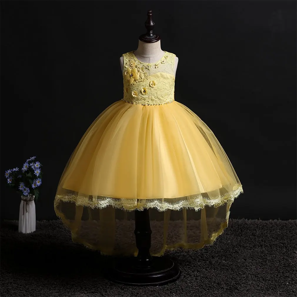 Желтое платье для девочек, кружевные Детские газовые платья-баллон, наряды для дня рождения, платья, праздничная официальная одежда
