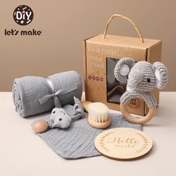 Let's Make 1set Baby Towel Birth Gift Set Double Sided Cotton Blanket Crochet Rattle Wooden Brush Milestone Cards Gift Products