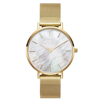 

Light gold shell white, pink shell noodles light gold net ladies watch PV stainless steel mesh belt watch -1