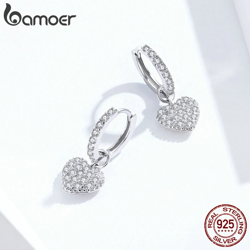 Bamoer 925 пробы серебряные серьги в форме сердца для женщин Сияющие ослепительные CZ проложенные Свадебные украшения Brincos SCE821