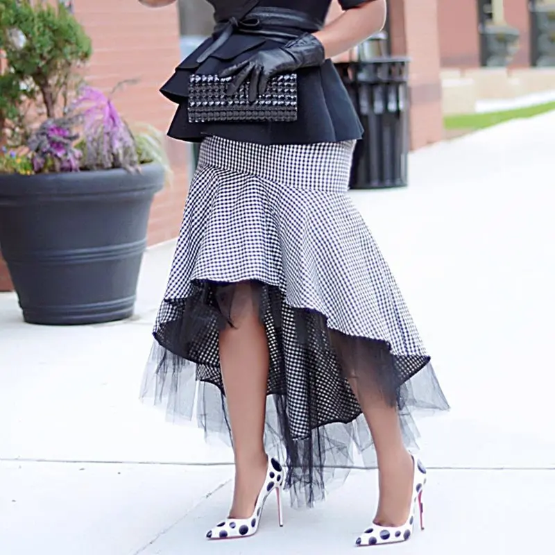 Асимметричная клетчатая юбка с высокой и низкой талией, облегающая сетчатая Лоскутная винтажная Женская юбка в стиле ретро, вечерние юбки средней длины