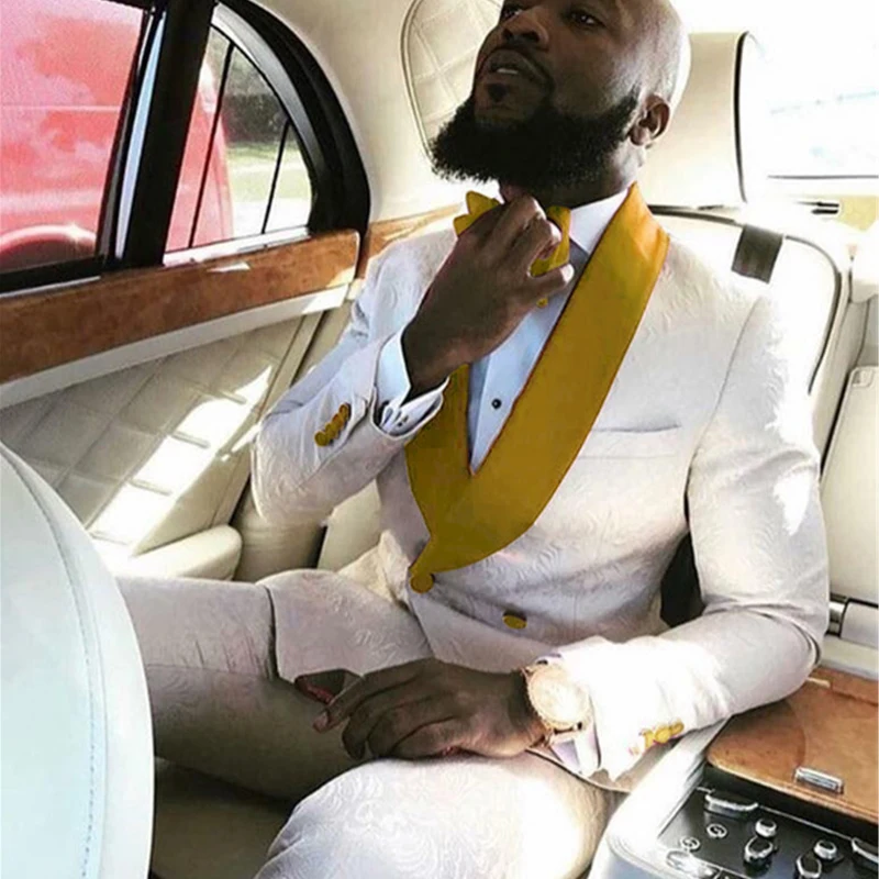 

White Jacquard Prom Wedding Suits for Men Custom Mens Suits Tuxedos with Gold Lapel Slim Fit Groom Blazer Pants Set