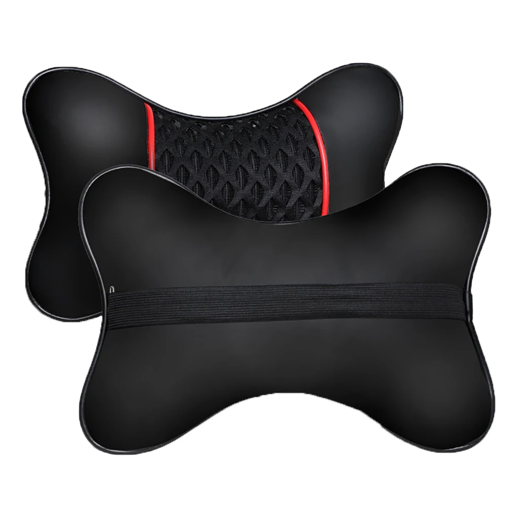 2Pcs PU Leather Knitted Car Pillows Headrest Neck Rest Cushion Support Seat Accessories Auto