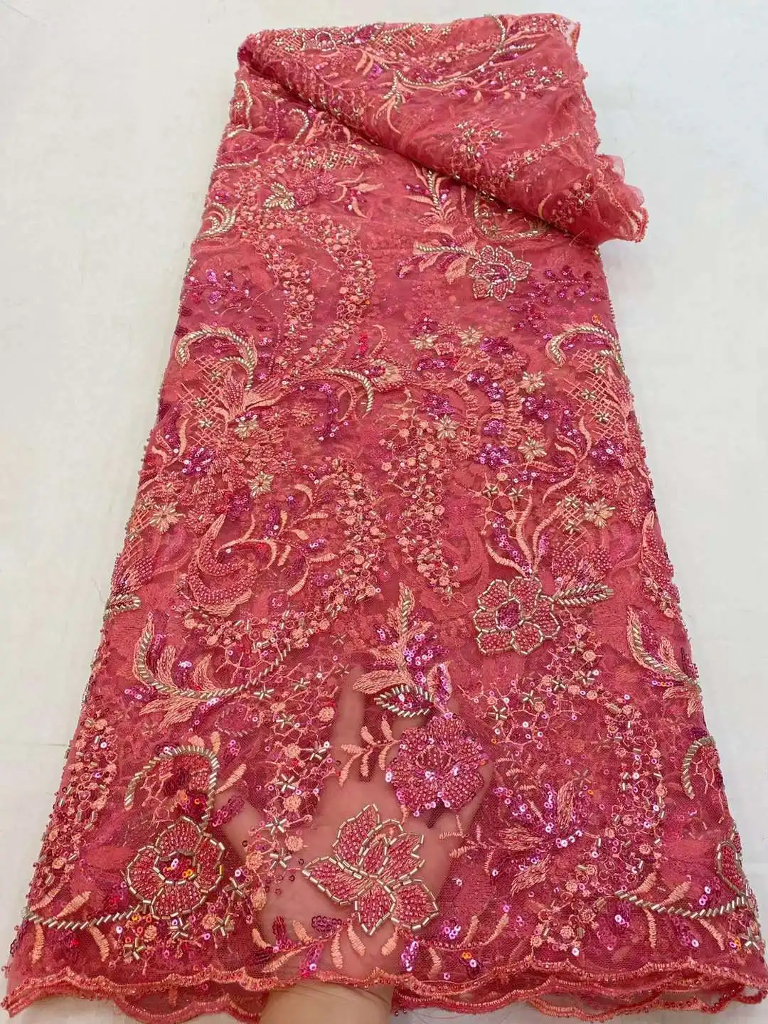 

High quality Dress design With beads embroidery French mesh yarn lace sequins African fabric/ Wedding dress evening dress