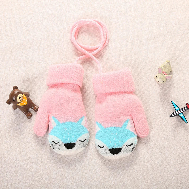 Детские перчатки с рисунком лисы и лося; зимние теплые шерстяные перчатки с толстой веревкой; вязаные перчатки для мальчиков и девочек; Рождественский подарок - Цвет: fox pink