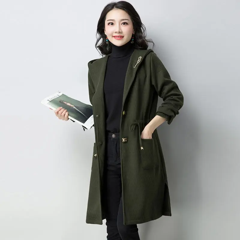 

2019 Autumn Winter Warm Knitted Hooded Cardigans Plus Size Long Cardigans Sweater Coat Women Overcoat Outwear