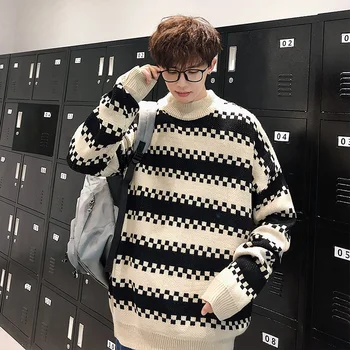 

2019 Winter Men's Round Neck In Warm Coats Woolen Pullover Casual Knitting Male Hit Color Stripe Apricot Cashmere Sweaters
