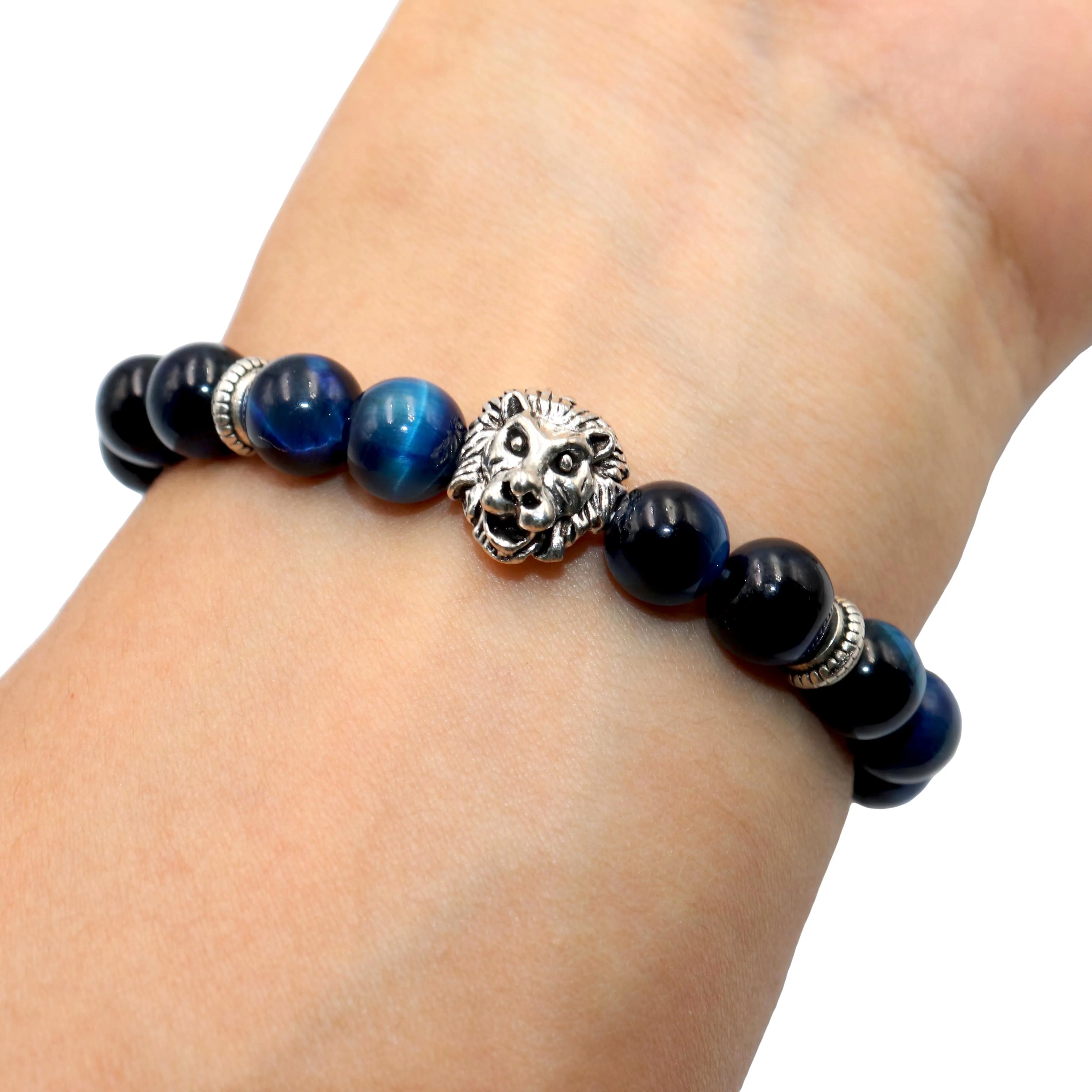 Blue Tiger eye Натуральный камень Модный Серебряный Шарм-браслет со львом для мужчин wo мужской лазурит аметисты тигровый глаз жемчуг Йога браслет ювелирные изделия - Окраска металла: Blue Tiger eye