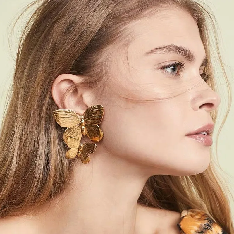 

docona Elegant Gold Double Butterfly Drop Dangle Earring for Women Girl Metal Animal Long Earrings Party Jewelry Brincos 8949