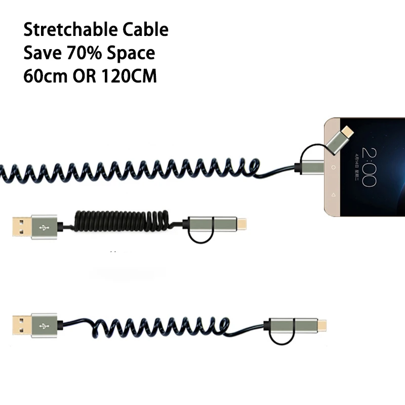 2 в 1 Micro usb type C кабель 2A быстрое зарядное устройство кабель для передачи данных растяжимый шнур для iOS iPhone xiaomi redmi samsung телефон 60 см 120 см кабель