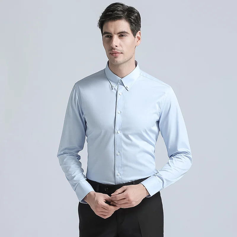 Men's Dress Shirt Brands New Fashion Regular Fit Shirts Business Long Sleeve with Cufflink Collar Button Solid Color Blue