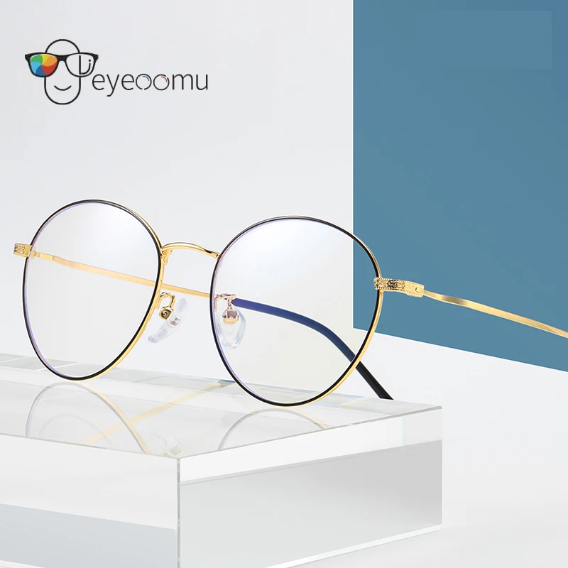 

EYEOOMU Vintage Trends Metal Round Glasses Women Anti Blue Ray UV Men Computer Frame Korean Brand Design Myopia Optical Eyewear