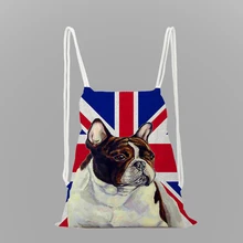 Portable Women's Drawstring Backpack with Flower Flag and Bulldog Print Women's Travel Backpack Waterproof Folding Shopping Bag