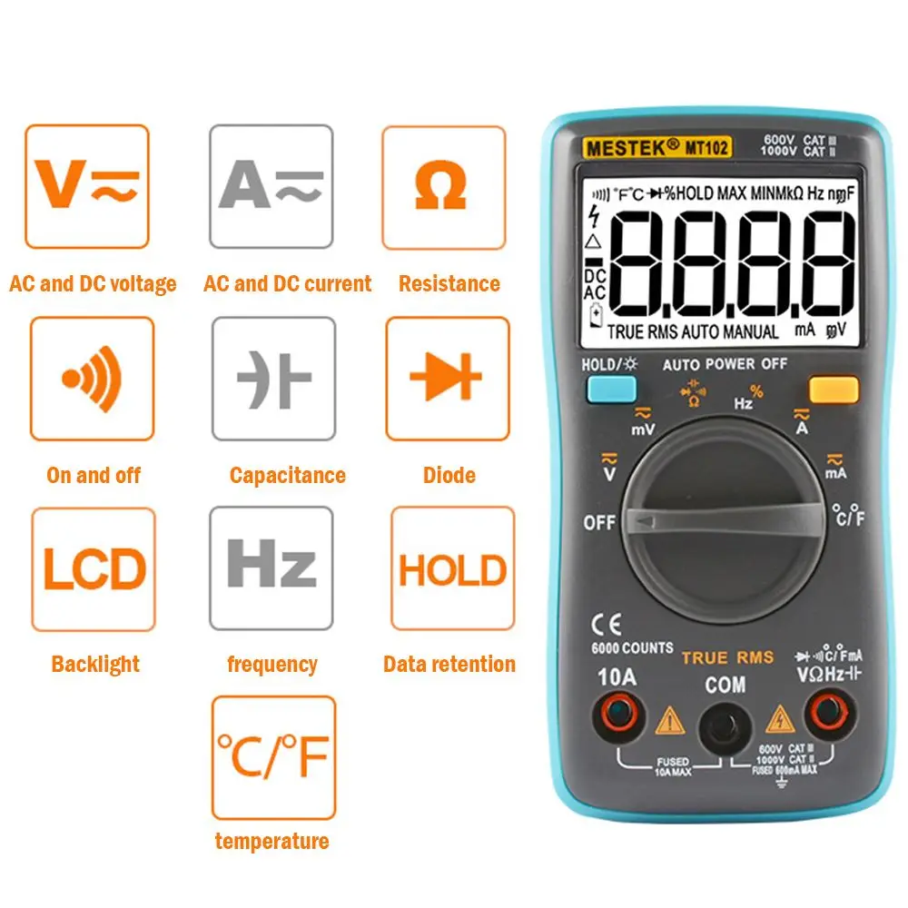 MESTEK MT102 Цифровой мультиметр DC AC напряжение измеритель тока сопротивление диода Емкость тестер Multimetro диагностический инструмент