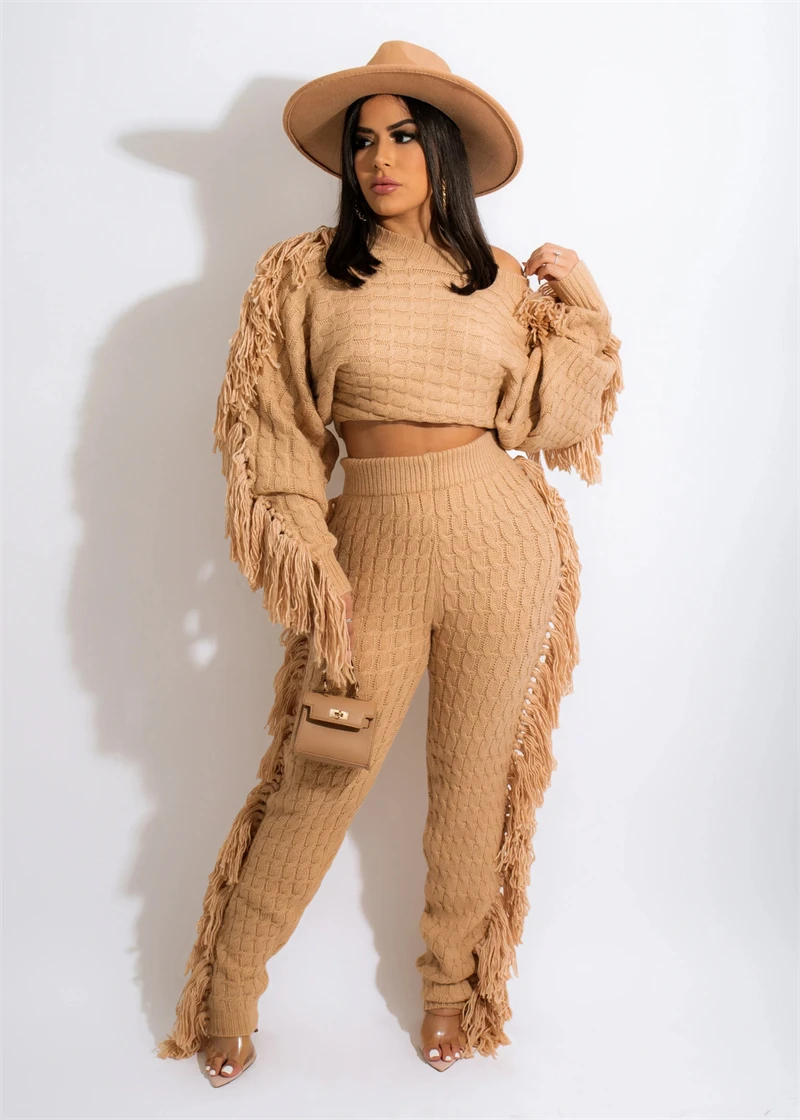 Adogirl Tassel Sweater Two Piece Set 2021 Autumn Winter Women Solid Long Sleeve Crop Top And Pants Rib Knitted Suits Tracksuit elegant pant suits