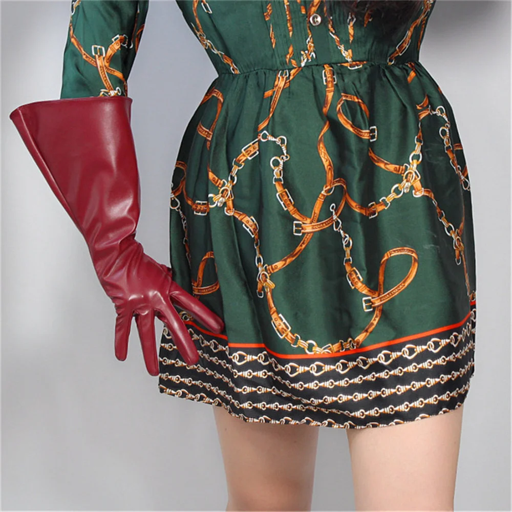 

Unisex Long Gloves 38cm Big Sleeves Puff Sleeves Simulation Leather Imitation Leather Wine Red 3-DXPU04