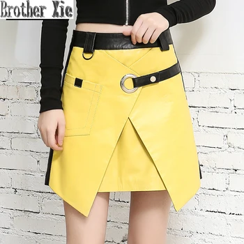 

2020 New Fashion Genuine Leather Yellow A-Line Skirts Women Slim Harajuku 100% Sheep Leather Sexy Mini Skirts Female Streetwear