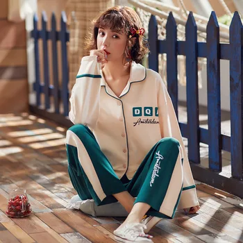 

Feier Women Soft 100% Cotton Pajamas Autumn Long Sleeves Button-Down Cat Print Warm Pure Cotton Sleepwear Set 2pieces For Ladies