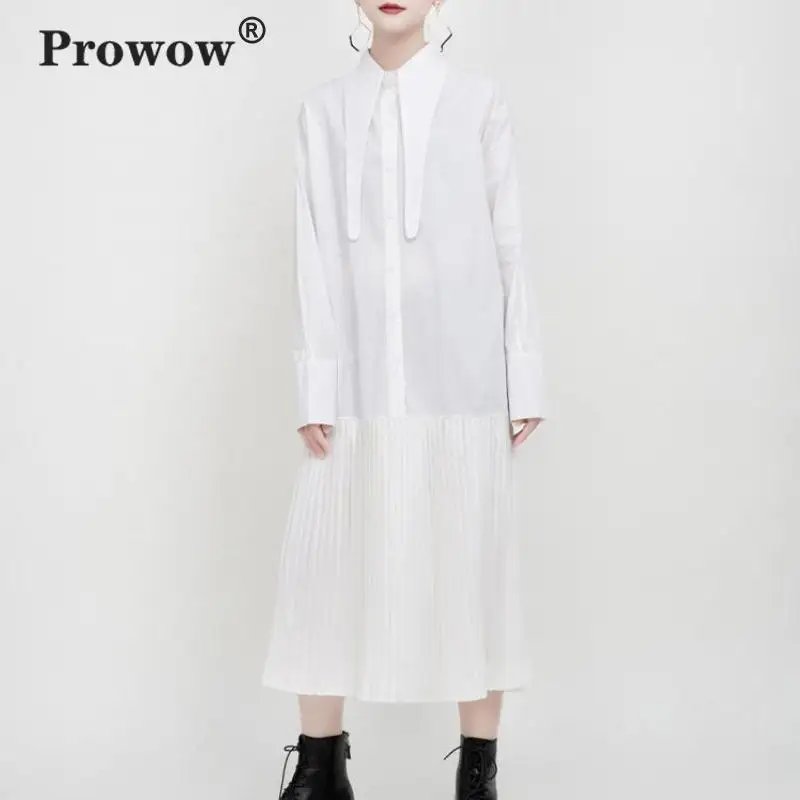 Prowow корейское платье-рубашка женское с длинным рукавом лоскутное плиссированное платье миди дамское весеннее однотонное уличное свободное платье