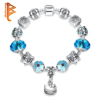 

BELAWANG Cute Cat Pendant Animal Charms Bracelet Blue Clear CZ Crysrtal Beads Women Charm Bracelet Jewelry Gift