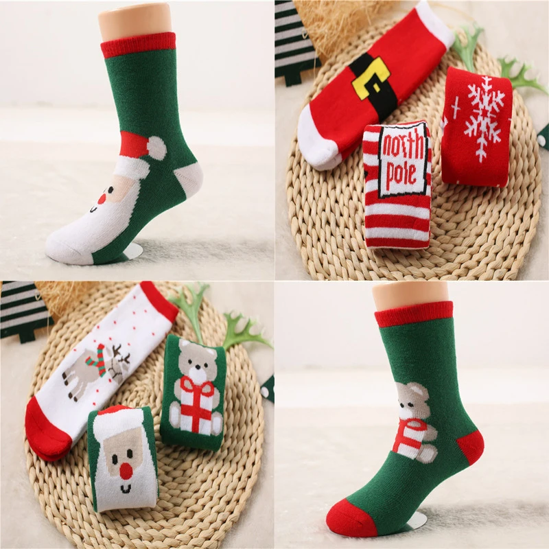 1 пара хлопковых зимне-осенних рождественских колготок, детские носки с орнаментом в виде елки, полосатые махровые носки со снежинками, лосями, Санта Клаусом