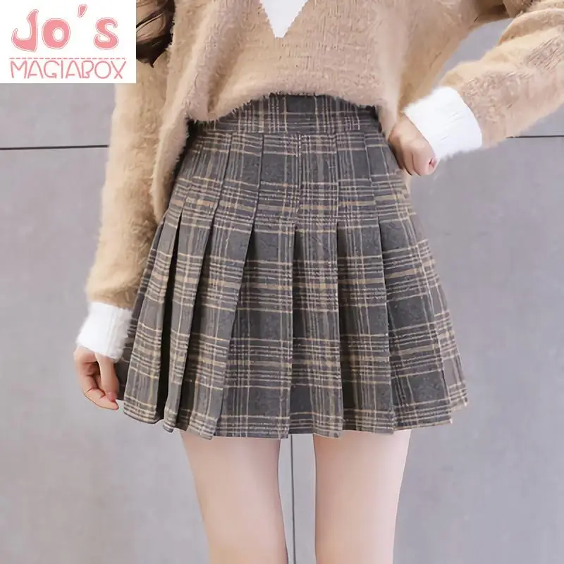 Зимняя Повседневная Корейская плиссированная трапециевидная юбка в винтажном стиле с завышенной талией, клетчатая мини-юбка, милая симпатичная имперская Однотонная юбка выше колена