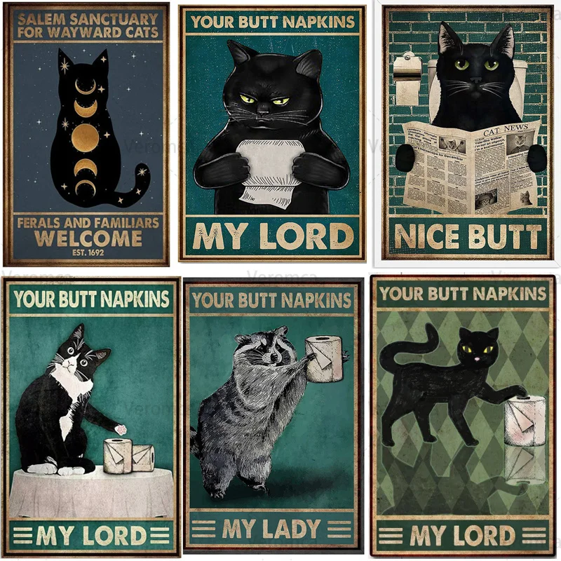 

Vintage Tin Plates Black Cat with Toilet Paper Bar Wall Art Decor Poster Dark Style Home Decoration Retro Plaque