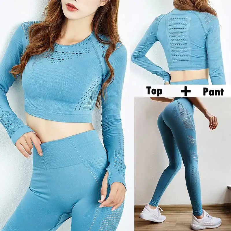 

New 2 Pieces Long Sleeve Yoga Set Eyelet Seamless Knit Workout Clothes For Women Hollow Out Fitness Sport Suit Gym Clothing