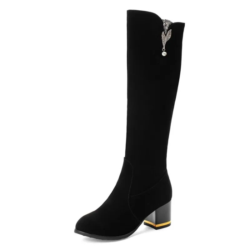 

KALENMOS Women Boots Zip Flcok High Heel Round Toe Long Knee High Boots Pearl Short Plush Autumn Winter Shoes Plush Size 33-46
