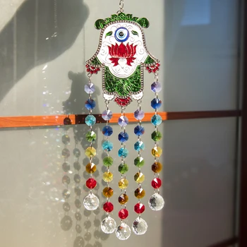 

H&D Chakra Crystal Ball Suncatcher With Turkish Evil Eye Lotus Flower Hamsa Hand Window Wall Hanging Pendant Protection Decor