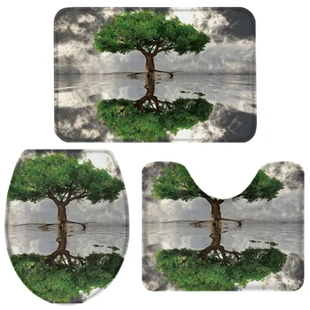 

3 PCS Bathroom Set Beautiful Life Tree Reflection In The Water Bath Set Toilet Cover Mat Pedestal Rug Non-Slip Bathroom Rug Set