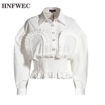 

French Retro White Solid Shirt Women Waist Hugging 2020 New Style Slimming Design Puff Sleeve Blouse Women V407