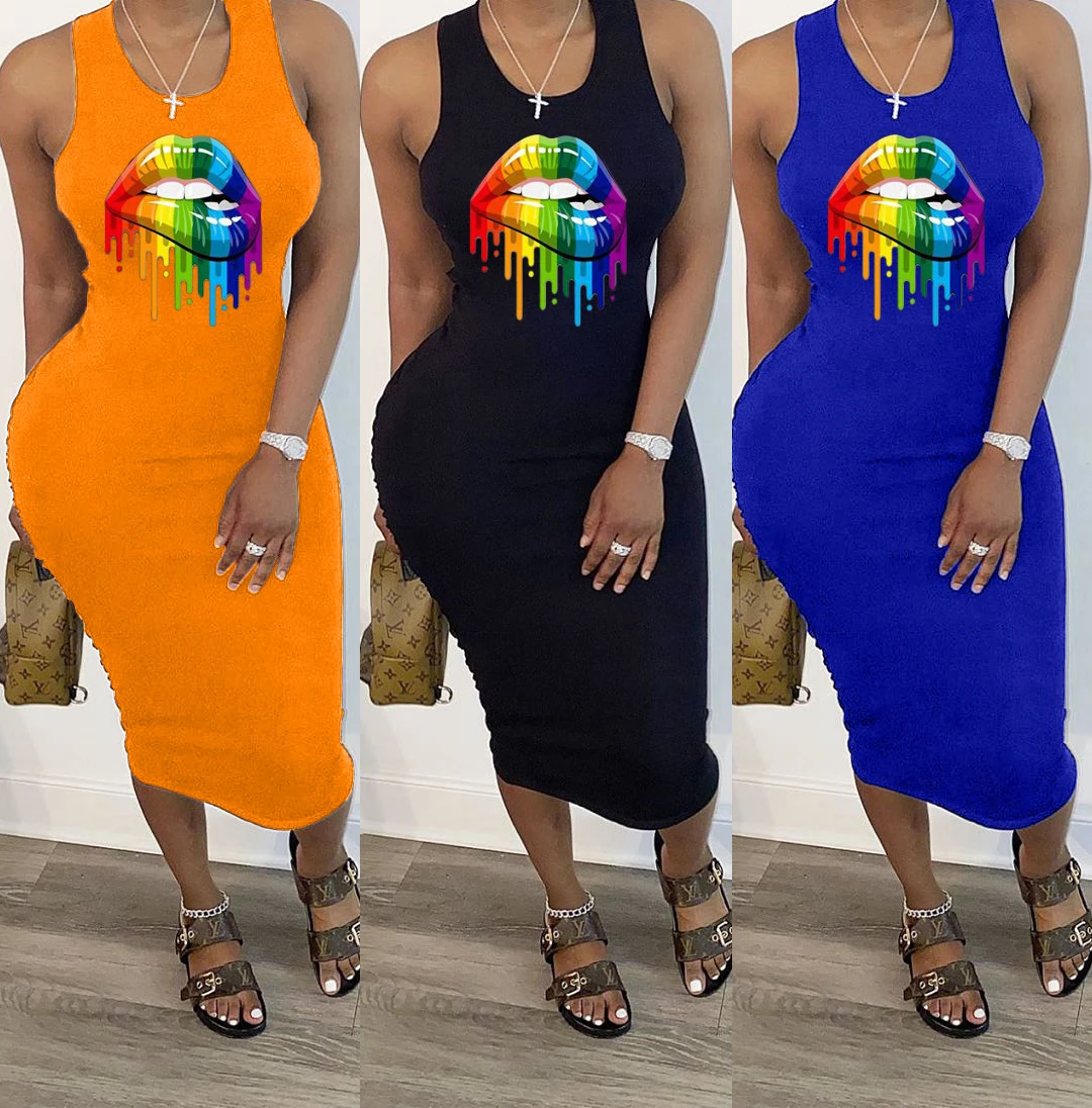 2020 Women Summer Midi Dress Sexy Sleeveless Mouth Print Bandage Party Night Club Casual Fashion Street Dresses Vestidos GL8694 2020 Women Summer Midi Dress Sexy Sleeveless Mouth Print Bandage Party Night Club Casual Fashion Street Dresses Vestidos GL8694
