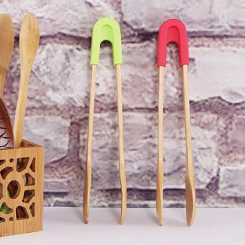 Бамбуковые для еды тостеры щипцы деревянный салат, торт пакет с зажимом для закусок Силиконовая ручка Хлеб Барбекю кухонные щипцы инструменты зажим кухонная утварь