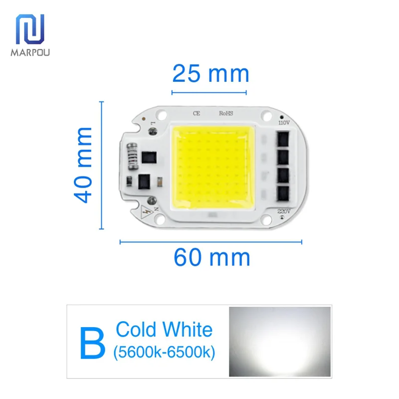 Светодиодный светильник с регулируемой яркостью, COB, чип-объектив, абажур, отражатель, светильник для выращивания, полный спектр, Smart IC 50 Вт, 30 Вт, 20 Вт, AC 220 В, светодиодный светильник с бусинами, сделай сам - Испускаемый цвет: B-Cold White